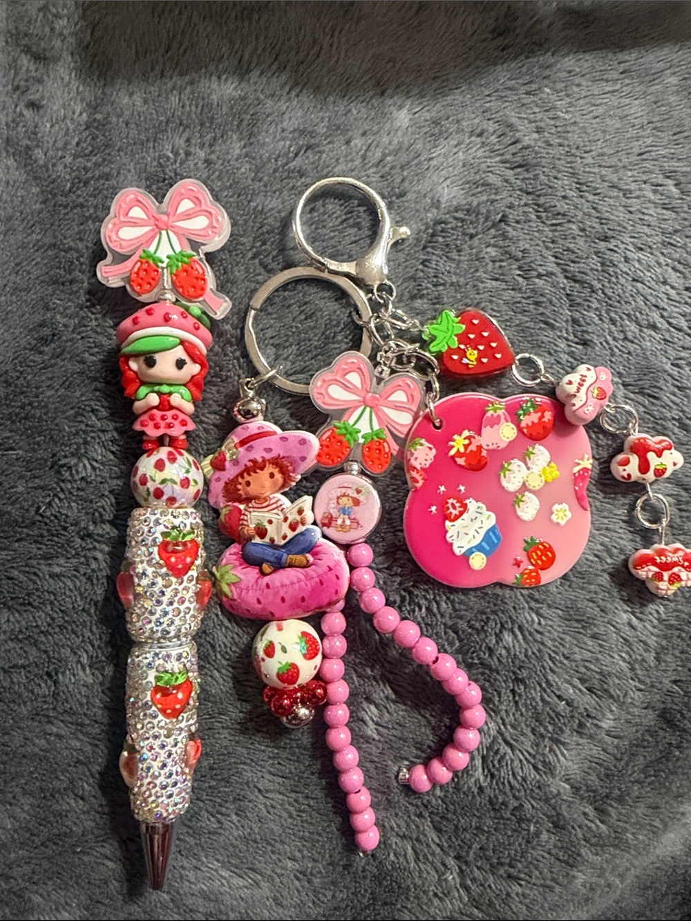Strawberry Girl Pink Charm Keychain and Pen Set